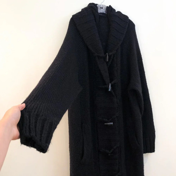 RARE Songzio Long Black Hooded Wool Blend Designer Heavy Cardigan Coatigan Coat - Picture 7 of 12